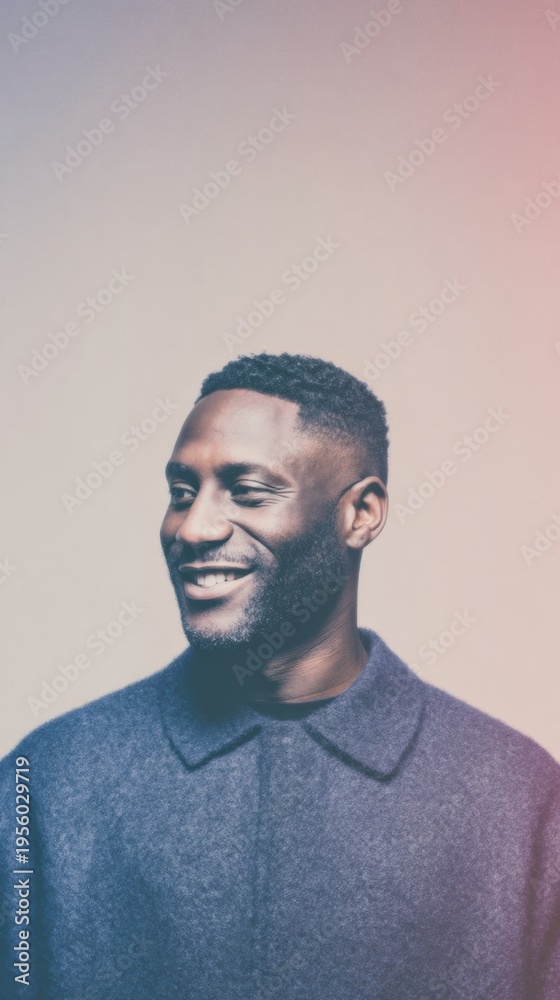 Obraz premium Smiling African Man in Professional Portrait Looking Aside Against Neutral Gradient Background for Social Media Profile or Corporate Branding with Copy Space