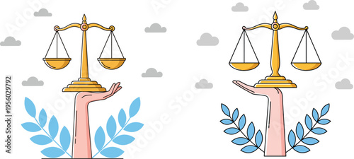 Justice scales held by hands with balanced law concept legal equality symbol minimal vector illustration design