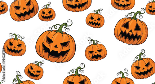 Halloween pumpkin pattern with spooky jack o lantern faces seamless background festive horror decoration vector illustration