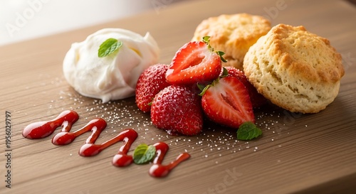 Strawberries with biscuits and whipped cream.