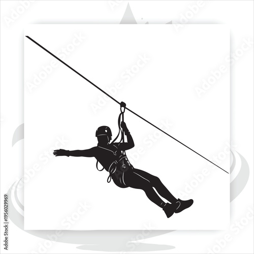 Silhouette Rock Climber Hanging on Rope Corner – Extreme Sport Climbing Vector Illustration,