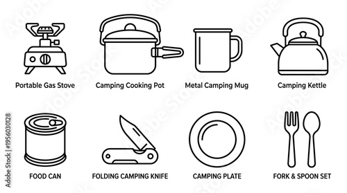 Camping kitchen essentials illustrated for outdoor cooking and dining