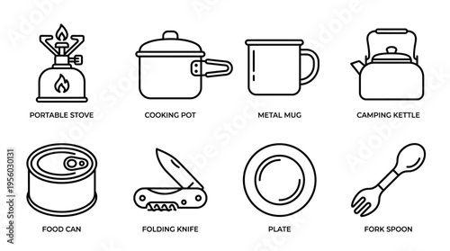 Camping kitchen essentials illustrated for outdoor cooking and dining