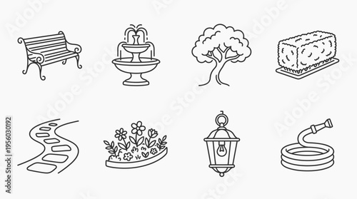 Vector set of garden and park elements including bench, fountain, tree, flowers, lantern, and path