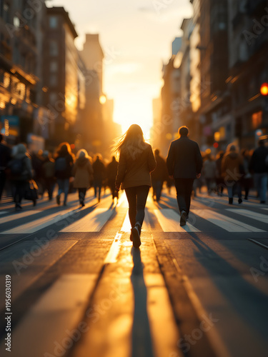 People crossing street during sunset in city