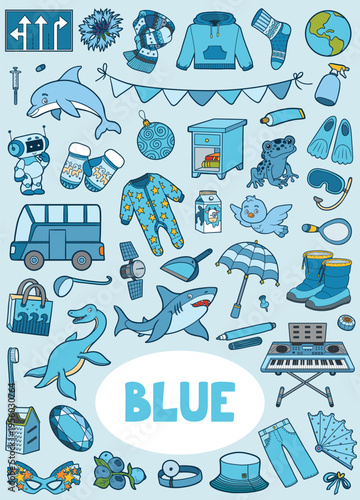 Set of blue objects on color background. Visual dictionary for children about basic colors. Vertical sheet with isolated images to learning for kindergarten and preschool learning