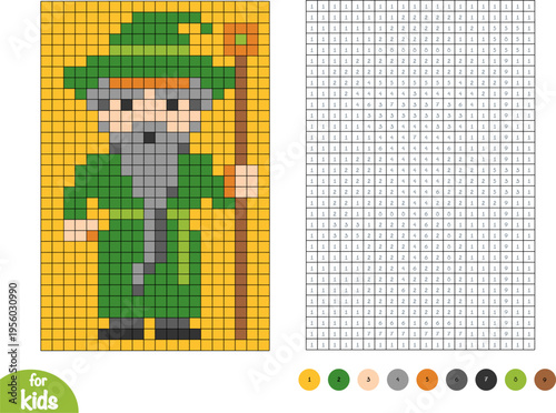 Cute wizard character. Pixel color by number page for kids. Education activity for preschool and kindergarten children to learn numbers and colors. Simple square grid design