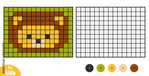 Cute lion character head. Pixel color by number page for kids. Education activity for preschool and kindergarten children to learn numbers and colors. Simple square grid design