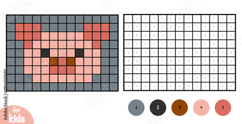 Cute pig character head. Pixel color by number page for kids. Education activity for preschool and kindergarten children to learn numbers and colors. Simple square grid design