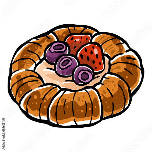 Hand drawn danish pastry with berries in sketch style. Vector bakery illustration with pastries. Cute food artwork for cafe menu, design packaging and bakery branding