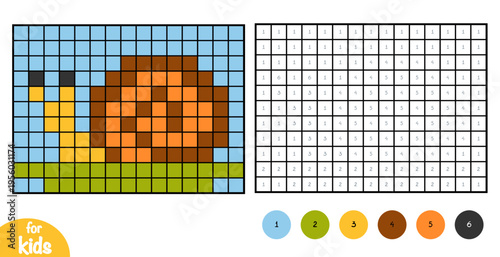 Cute snail character. Pixel color by number page for kids. Education activity for preschool and kindergarten children to learn numbers and colors. Simple square grid design