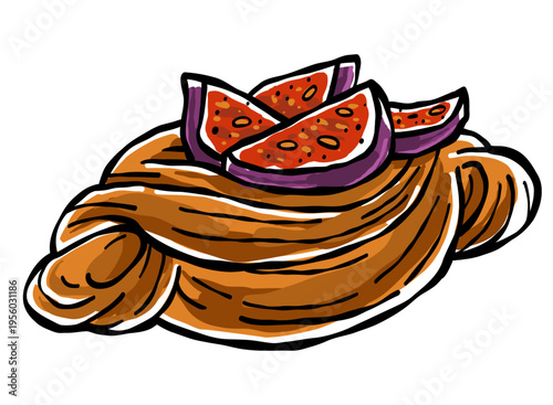 Hand drawn puff pastry with fig in sketch style. Vector bakery illustration with pastries. Cute food artwork for cafe menu, design packaging and bakery branding