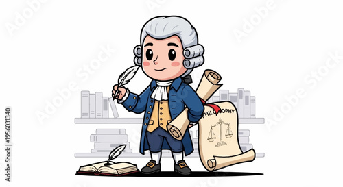 Vector illustration of cartoon Thomas Jefferson with quill and scroll