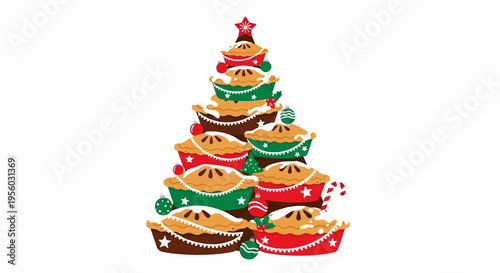 Vector Christmas tree made of pies, festive holiday illustration