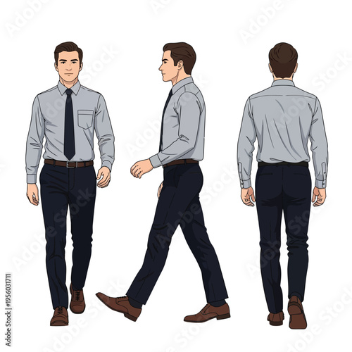 A man in a light blue dress shirt and dark blue slacks is shown from the front, side, and back.