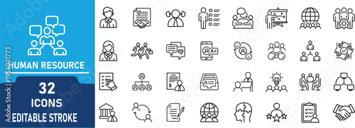 Human Resource and Team Management Line Icon Set. Contain to related icons recruitment, hiring, employee, teamwork, communication and business organization. Editable stroke. Vector illustration.