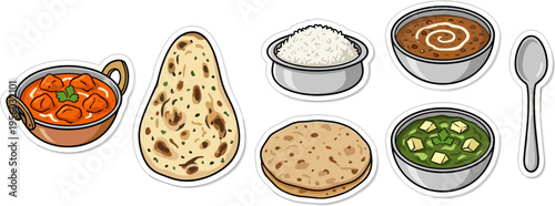 Assorted Indian food dishes including curry rice and naan sticker vector illustrations isolated on white