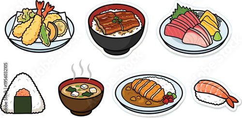 Assorted Japanese food dishes including sushi and tempura stickers vector illustration