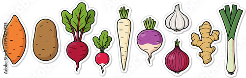 Assorted root vegetable stickers isolated on white background vector illustration