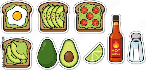 Avocado toast breakfast sticker set with egg tomato and hot sauce vector illustration