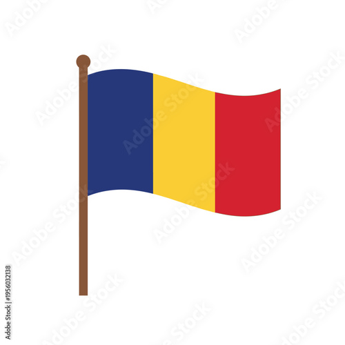 The Romanian flag waves on a flagpole against a white background.
