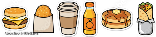 Breakfast fast food items set isolated on white background cartoon sticker vector illustration