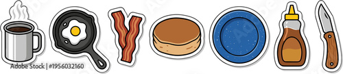 Camping breakfast food and equipment sticker set with skillet and coffee vector illustration isolated on white