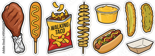 Carnival snack stickers isolated on white background featuring fair food vector illustration