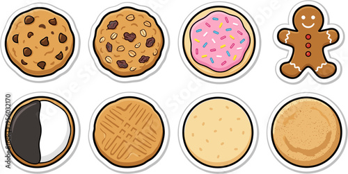 Collection of assorted sweet cookie sticker icons isolated on white background vector illustration