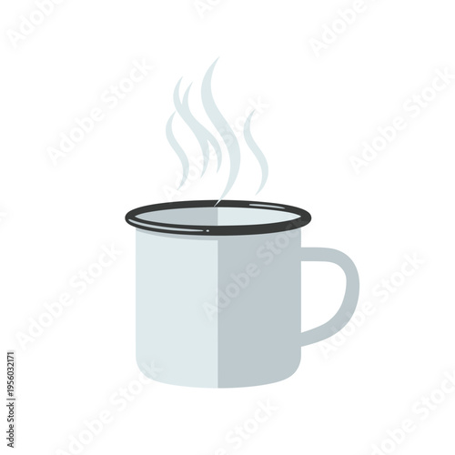 A simple white mug with a black rim emits steam, suggesting a hot beverage.
