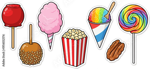 Collection of colorful carnival snacks and fairground treats sticker vector illustration