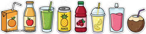 Collection of fruit juice and smoothie stickers isolated on transparent background vector illustration