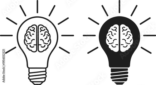Creative human brain inside light bulb icon set representing innovative ideas intelligence mental health inspiration logic problem solving and cognitive thinking
