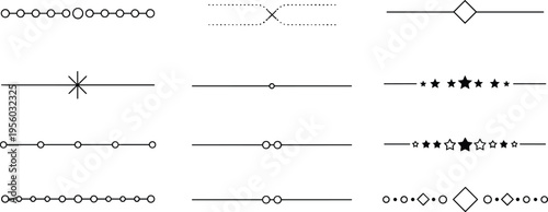 Decorative divider line set with stars circles and geometric shapes for page separation wedding invitations certificate borders and graphic design ornamentation