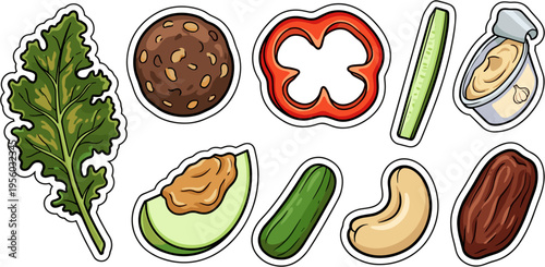 Healthy vegan snack food ingredients sticker set isolated on white background vector illustration