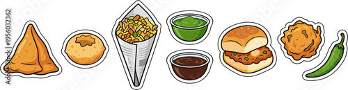 Indian street food snacks assorted collection with samosa and chutney sticker illustration