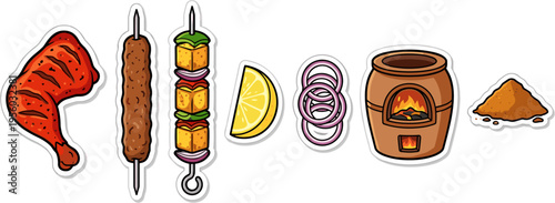 Indian tandoori food sticker set featuring grilled chicken and clay oven vector illustration