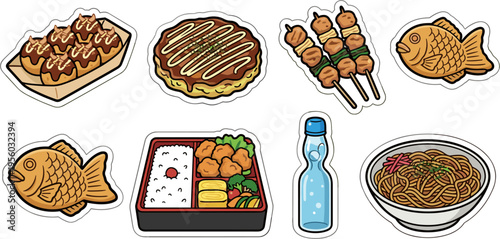 Japanese street food and snacks stickers set isolated on white background vector illustration