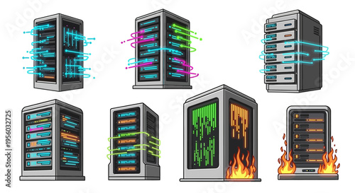 Servers with various data storage systems.