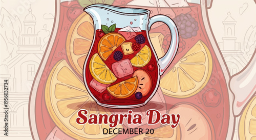 Vector illustration of sangria drink with fruits and text