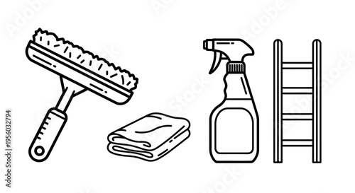 Cleaning Tools Squeegee Towel Spray Bottle Ladder.