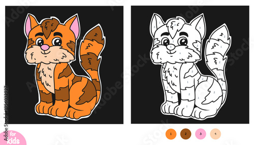 Color by number, education game for children, Cute cat on black background. Educational activity game for preschool and kindergarten children. Square picture to learn numbers and colors