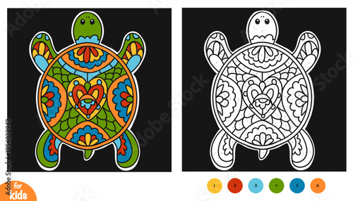 Color by number, education game for children, Cute turtle on black background. Educational activity game for preschool and kindergarten children. Square picture to learn numbers and colors