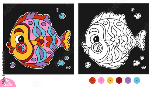 Color by number, education game for children, Cute fish on black background. Educational activity game for preschool and kindergarten children. Square picture to learn numbers and colors