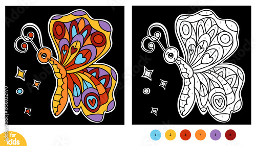Color by number, education game for children, Cute butterfly on black background. Educational activity game for preschool and kindergarten children. Square picture to learn numbers and colors
