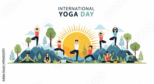 Vector illustration for International Yoga Day with people practicing yoga