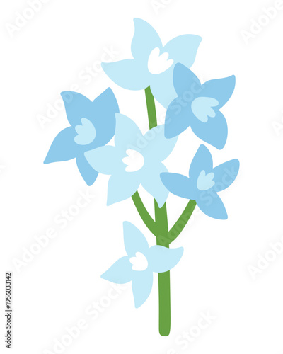 Blue bells flowers in flat style. Vector illustration of a plant with simple shapes and colors. Cute botanical image for nature themed designs, prints and stationery