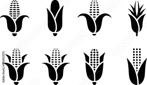 Collection of black stylized corn cob with husks white background maize food