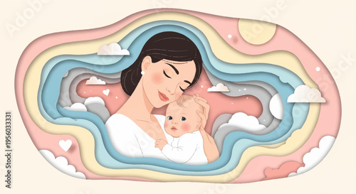 Vector illustration of mother and baby in colorful dreamy landscape