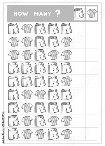 Counting educational game for children. Count how many football shirt and shorts in each row and write the result! Black and white outline contour sport coloring page for kids